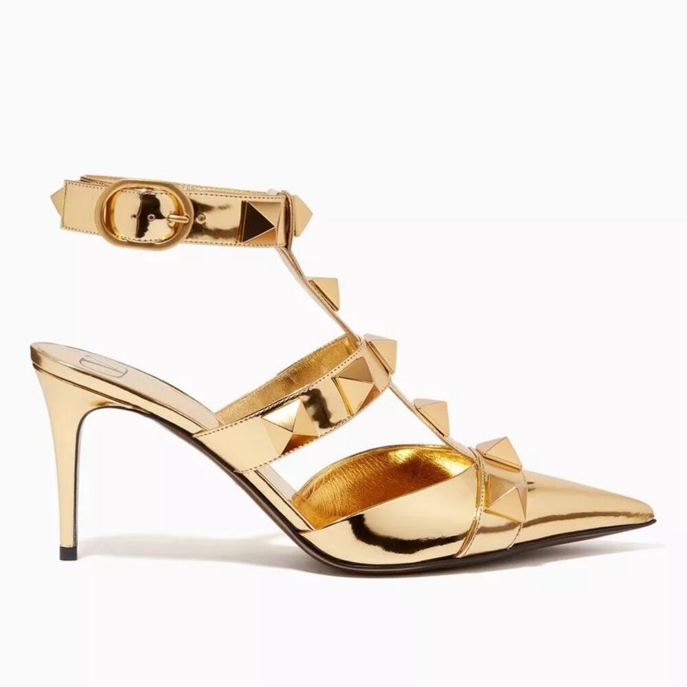 NIB Valentino Garavani Gold Roman Stud Ankle Strap Leather Pumps 38
